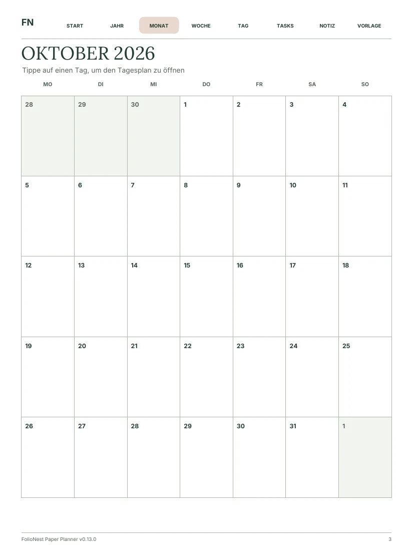 Echte FolioNest-PDF: Monatskalender mit verlinkten Tagen