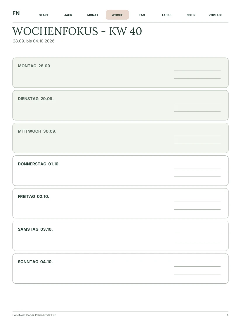 Wochenplan mit sieben freien Tagesfeldern und PDF-Navigation